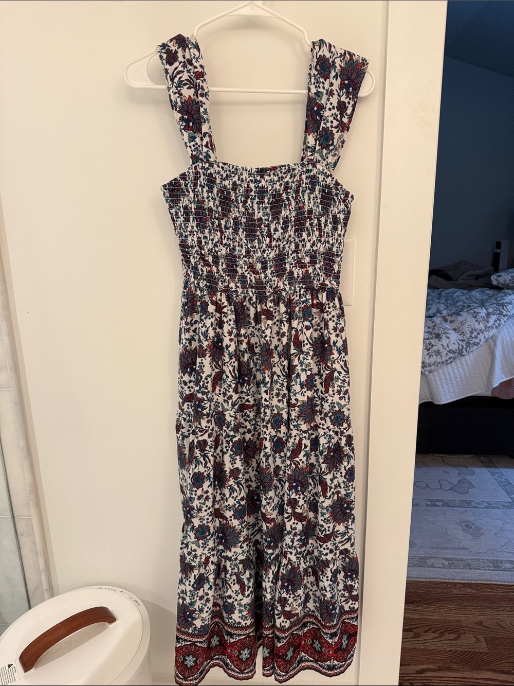 Floral Smocked Maxi Dress in White and Burgundy